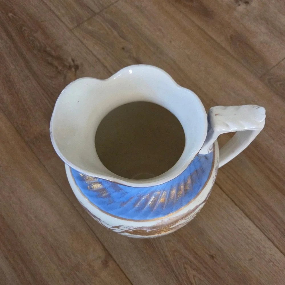 Antique 1888 Staffordshire Ceramic Pitcher Blue Gold‎ Bird Water Lily Floral